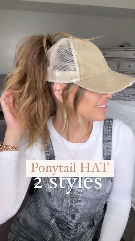 Hair Ideas For Hats Style, Hairstyles With A Cap On, Simple Hat Hairstyles, Cute Ball Caps For Women, How To Style Hair With Baseball Hat, Hat Hair Dos, How To Wear Caps Women, How To Wear Hair With A Baseball Hat, Ponytail With Hat Hairstyles