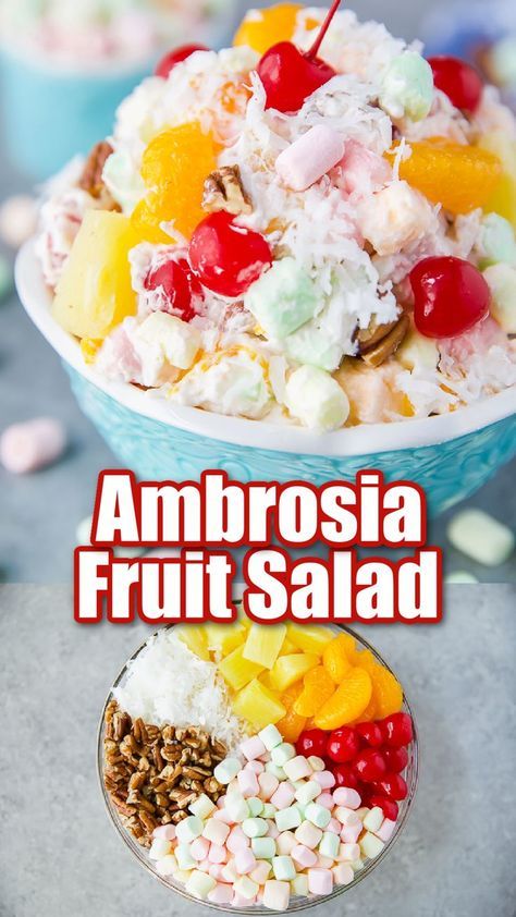 Ambrosia fruit salad is a classic holiday recipe made with mixed fruit, homemade whipped cream, nuts, and marshmallows. This easy marshmallow salad recipe is great for Thanksgiving, Christmas, and every holiday occassion. Fruit Salad With Cool Whip, Marshmallow Fruit Salad, Marshmallow Salad, Fruit Salad With Marshmallows, Ambrosia Fruit Salad, Pineapple Chunks, Mandarin Oranges, Ambrosia Salad, Classic Party