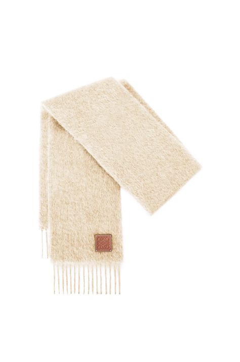 LOEWE Scarf in mohair and wool White Loewe Scarf, On The Corner, Leather Patches, Scarf Shawl, Embossed Leather, Medium Weight, Wool Blend, Wool, Leather