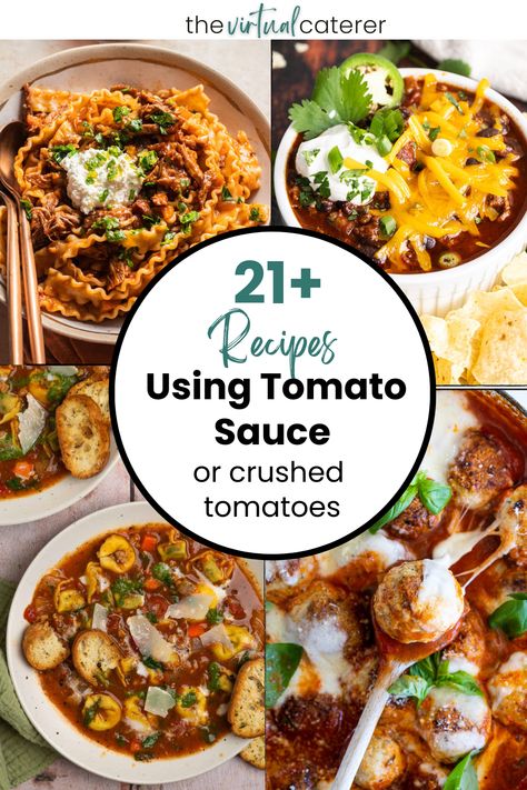 Are you wondering what to make with all those cans of crushed tomatoes or all that tomato sauce you have in your pantry?  Here is a great list of dishes you can make with tomato sauce or crushed tomatoes. We've got everything from easy weeknight dinners to hearty, comforting slow-cooked dishes. Recipes Using Canned Tomato Sauce, Tomato Sauce Meals, Recipes Using Canned Tomatoes, Recipes Using Tomato Sauce, Tomato Sauce Recipe Dishes, Crushed Tomato Recipes, Leftover Tomato Sauce, Recipes With Canned Tomatoes, Recipes Using Tomatoes