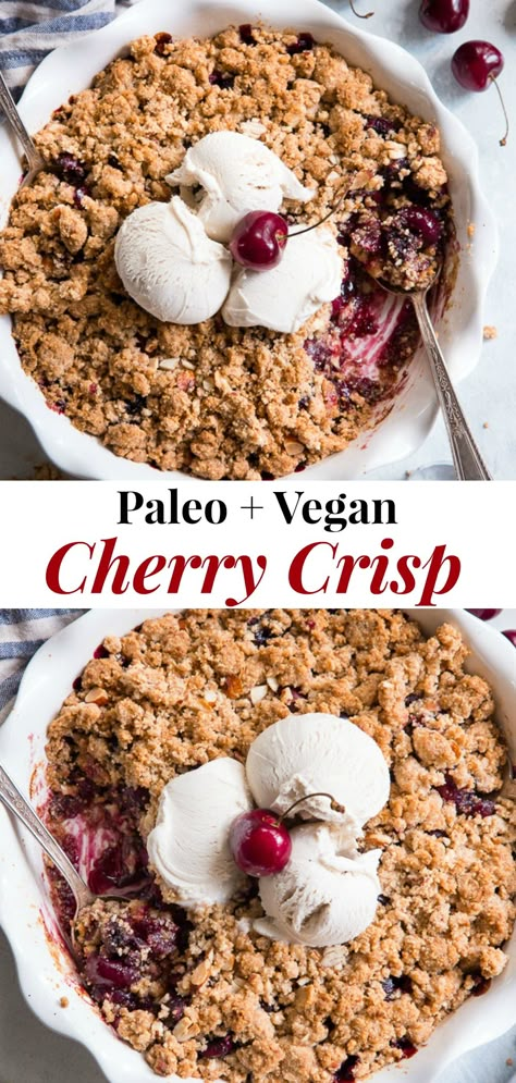 This classic cherry crisp is irresistibly delicious and easy to make!  A sweet gooey cherry filling is topped with a toasty crumble for a summer dessert that will make everyone come back for seconds.  It's paleo, vegan, gluten-free, dairy-free and refined sugar free. #paleo #vegan #glutenfree Cherry Crisp Recipe, Paleo Running Momma, Cherry Crisp, Paleo Recipes Dessert, Paleo Baking, Clean Eating Desserts, Fruit Crisp, Cherry Desserts, Paleo Sweets