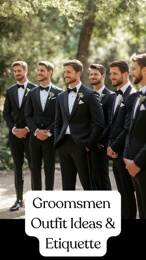 Groomsmen dressed in coordinated suits and tuxedos, showcasing various stylish outfit ideas for a wedding. Best Groomsmen Outfits, Groomsmen Tuxedo Wedding, Groom And Groomsmen Tuxedo, Khaki And Black Groomsmen Attire, Groom Groomsmen Photos, Black Groomsmen Attire Green Tie, Formal Groomsmen Attire, Groomsmen Attire Guide Card, Groom In Tan Groomsmen In Black