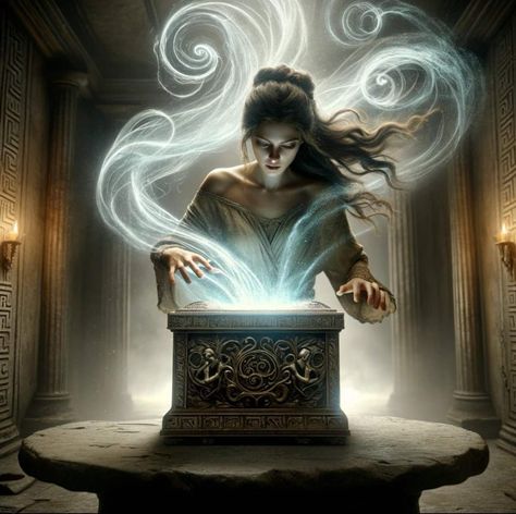 Pandora’s Box Mythology, Pandoras Box Mythology, Pandora Aesthetic Mythology, Pandora Greek Mythology, Pandora Greek, Goddess Sagittarius, Poetry Photos, Pandora's Box, Mythology Art