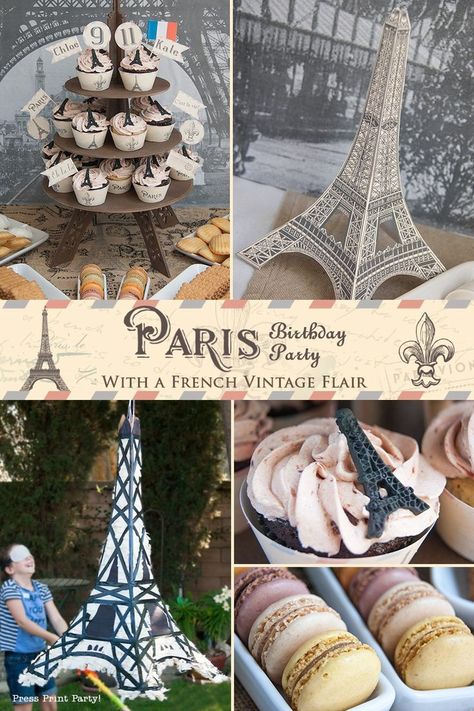 Paris Party with a French Vintage flair - Press Print Party! All you need in one post for the most elegant and fun Paris Party ever. French Themed Birthday, Eiffel Tower Decor, Quince Party, Paris Ideas, Vintage Eiffel Tower, Paris Themed Birthday Party, Paris Prom, French Party, Paris Engagement