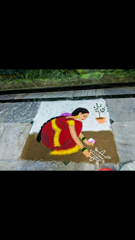 Pongal Designs, Rangoli Painting, Sibling Photography Poses, Tulsi Vivah, Rangoli Designs For Competition, Freehand Rangoli, Poster Rangoli, Floral Design Drawing, Pongal Kolam