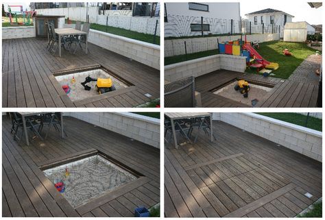 Sandpit With Cover, Sandpit Cover, Ground Deck, Sand Pits For Kids, Child Friendly Garden, Hot Tub Landscaping, Sand Pit, Kids Sand, Pergola Lighting