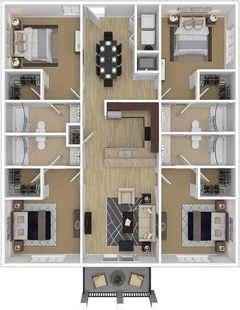 Gallery Decoration, Apartments Luxury, 3d House Plans, Student Housing, House Floor Design, Apartment Floor Plans, House Plan Gallery, Home Design Floor Plans, Sims House Plans