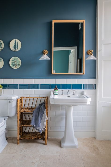 Navy Walls Bathroom, Midcentury Blue Bathroom, Blue Bathroom Maximalist, Blue Tile Retro Bathroom, Blue Bathroom Suite Retro, Blue 1950s Bathroom, Cottage Bath, Fruit Sculptures, Mid Century Bathroom