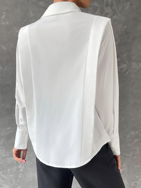 SHEIN BIZ Solid Button Front Curved Hem Shirt | SHEIN USA Shomiz Blouses, Urban Shirt, Formal Top, Curved Hem Shirt, Perfect White Shirt, Mode Kimono, Formal Tops, Women Blouses Fashion, Iranian Women Fashion