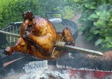 Rotisserie Chicken and Bacon Bourbon Apple Crisp with Smoked Ice Cream: A Match Made in Barbecue Heaven! - Barbecuebible.com Roast A Chicken, Bourbon Bacon, Spit Roast, Beer Can Chicken, Cornish Hens, Rotisserie Chicken Recipes, Open Fire, Fire Roasted, Smoked Bacon