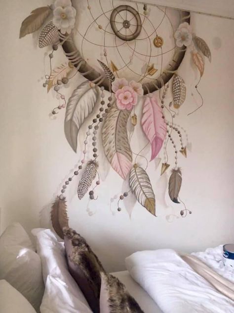 Dream Catcher Wall Painting, Dream Catcher Mandala, Dream Catcher Art, Bedroom Wall Designs, Wooden Door Design, Wall Stickers Bedroom, Mandala Wall Art, Mural Painting, Stencils Wall