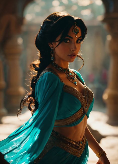 Get mesmerized by the stunning beauty of Princess Jasmine as she comes to life in this action-packed cinematic shot. Experience the magic of this 8K photo and immerse yourself in the world of Disney's Aladdin. ✨👸📷 Princess Jasmine Real Life, Arabic Halloween Costume, Jasmine Real Life, Princesse Jasmine Disney, Jasmine Aesthetic Princess, Arabian Nights Party Outfit, Arabian Princess Aesthetic, Jasmine Aladdin Costume, Disney Princess In Real Life