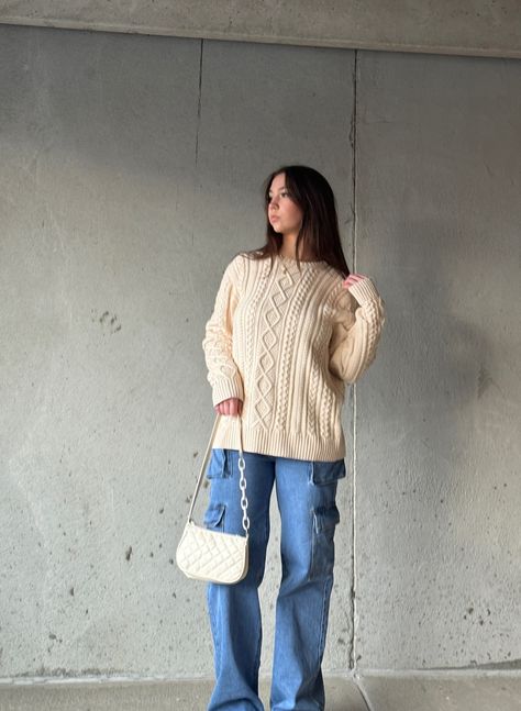 fall outfit, spring outfit, sweater, cargos, beige shoulder purse, outfit inspo Everyday Beige Knitted Shoulder Bag, Spring Beige Crochet Shoulder Bag, Beige Purse Outfit, Casual Beige Crochet Shoulder Bag, Shoulder Purse Outfit, Beige Shoulder Crochet Bag, Beige Crochet Small Shoulder Bag, Beige Purse, Summer Pins