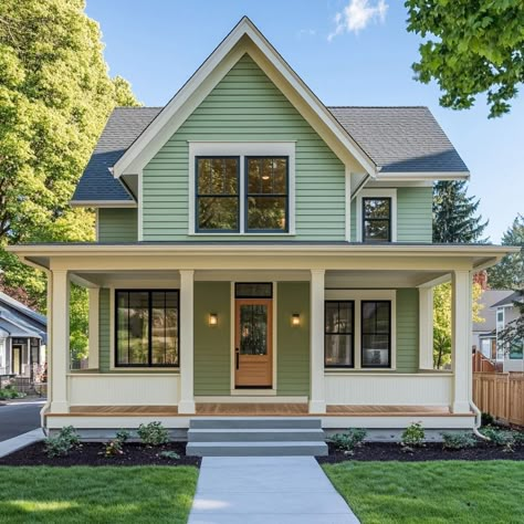 Light Green Home Exterior, Sage Exterior House Colors, Light Green Exterior House Colors, Green Cottage Exterior, Light Green House Exterior, White Craftsman House, Green Home Exterior, White Craftsman, Cottage Exterior