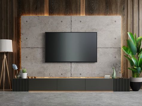 Free Photo | Tv on cabinet the in modern living room on concrete wall, 3d rendering Cement Room, Terrazzo Wallpaper, Modern Tv Room, Concrete Wallpaper, Modern Tv Units, Modern Tv Wall, Set Sofa, Tv Wall Design, Tv Unit Design