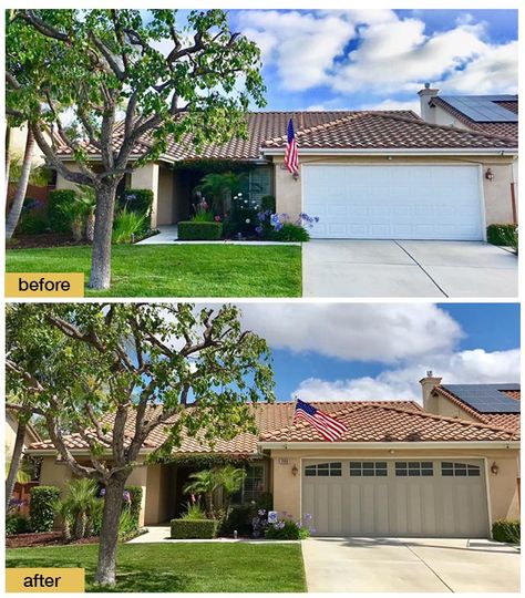 June 2018 Garage Door Makeover Before & After Photo Curb Appeal Garage Door, Garage Door Before And After, Garage Door Colors With Tan House, Cream Colored Houses, Garage Door Update, Steel Garage Door, Exterior Garage Door, Carriage House Garage Doors, Garage Door Colors