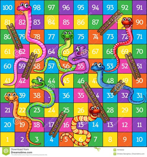 Snakes and Ladders stock vector. Illustration of childrens - 70728352 Snakes And Ladders Template, Snakes And Ladders Printable, Board Game Template, Ladders Game, Snake Game, Printable Board Games, Diy Kids Games, Snakes And Ladders, Kids Math Worksheets