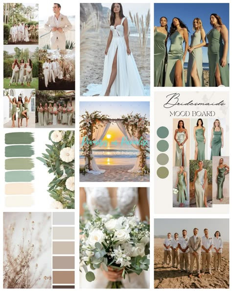 Beach Wedding Green Color Palettes, Sage Green Beach Wedding Theme, Beach Wedding Sage Green, Beach Wedding Guest Color Palette, Beach Wedding Colours, Beach Wedding Mood Board, Beach Wedding Theme Ideas Color Palettes, Beach Wedding Palette, Coastal Wedding Dress