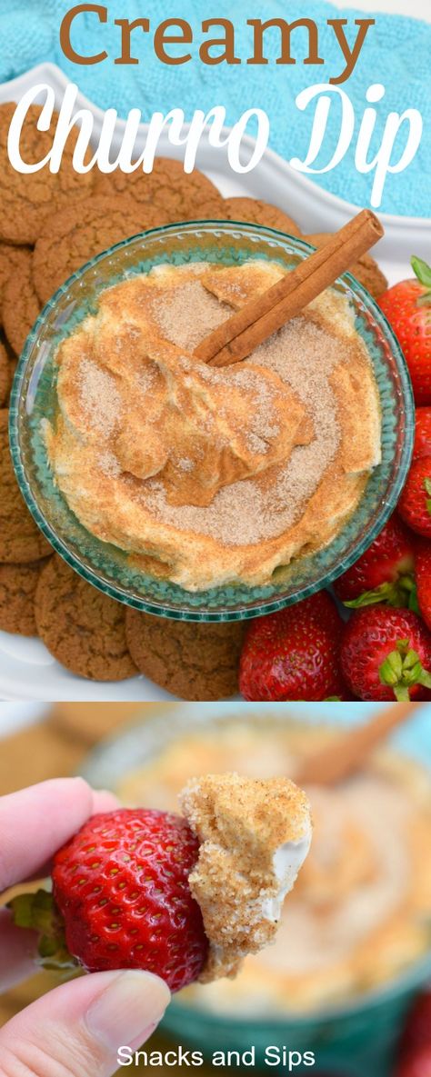 Creamy Churro Dip - Snacks and Sips Easy Dessert To Go With Mexican Food, Easy Fiesta Food, Churro Cheesecake Dip, Easy Party Recipes For A Crowd, Fiesta Party Dessert Ideas, Churro Chips And Dip, Mexican Dessert Dip, Dessert For Mexican Food, Mexico Party Food