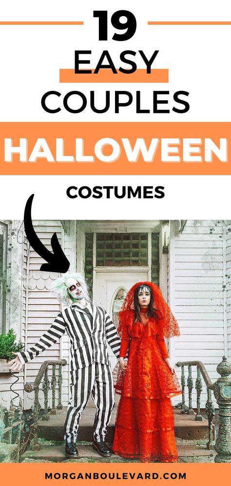 man and woman standing next to each other Beetlejuice Costumes Couple, Beatle Juice Couple Costumes, Bettle Juice Couple Costumes, Beetle Juice Costume Couple, Beetlejuice Costume Male, Beetlejuice Couples Costume, Beetle Juice Couple Costume, Beetlejuice Characters Costumes, Beetlejuice Costume Couple