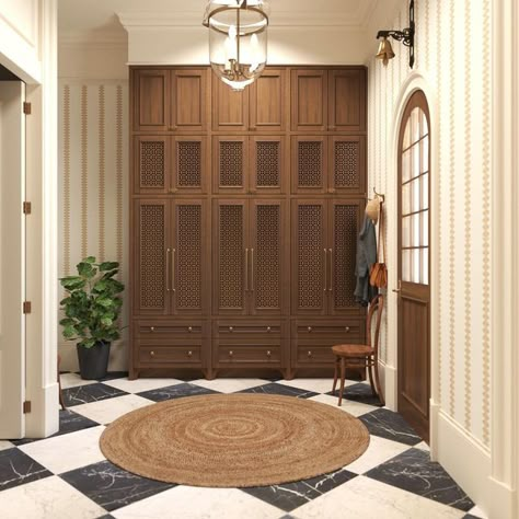 Mudroom Locker Interior, Townhouse Mudroom, Timeless Mudroom, Formal Mudroom, Mudroom Island, Wood Mudroom Cabinets, Home Drop Zone, Vintage Mudroom Ideas, U Shaped Mudroom Ideas