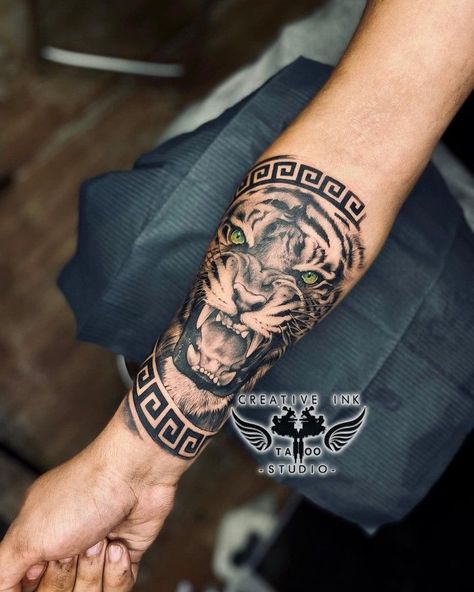 Tattoo Designs Men Tiger, Geometric Tiger Tattoo Design For Men, Tiger Tattoo Designs Men Arm, Mens Inside Forearm Tattoo, Tiger Tattoo Geometric, Tiger Tattoo Arm Men, Tiger Tattoo Sleeve Forearm, Tiger Tattoo Men Forearm, Tiger Tattoo Design Men Forearm