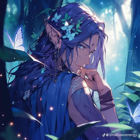 Purple Hair Male Character Art, Purple Elf Male, Dnd Moon Elf, Male Fairy Art, Moon Elf Male, High Elf Dnd, Male Elf Art, High Elves Dnd, High Elf Male