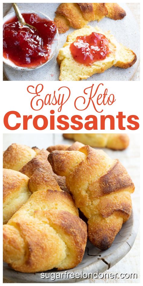 These keto croissants are buttery and fluffy - the perfect treat for a relaxed weekend breakfast or afternoon treat. Low carb croissants are really easy to make and only 3 net carbs per portion. They are made with fathead dough instead of wheat, which means they will keep your blood sugar levels in check and because of this, they are suitable for diabetics. They are also gluten-free croissants. You choose whether you want to make these for brunch, with savoury or sweet toppings. Keto Crossant Recipes, Keto Croissant, Keto Croissants, Gluten Free Croissant, Keto Brood, Sugar Free Strawberry Jam, Sugar Free Nutella, Fathead Dough, Keto Cinnamon Rolls