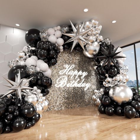 PRICES MAY VARY. 【Black and Silver White Balloon Garland Kit】:Include 140pcs balloons 22''(Black starburst balloons 1, Metallic silver starburst balloons1),18''(Black balloons 2, Metallic silver balloons 2 ),12''(Black balloons 20, Metallic silver balloons 14, White balloons 10, silver confetti Balloons 5), 10''(Black balloons 20, Red balloons 14, White balloons 5),5''(Black balloons 20, Metallic silver balloons 20),16FT garland strip x1,140 dots glue. 【Best Quality】:The black silver white ballo Black And White Theme Quinceanera, Black And Silver Gala Decor, Decor For Men Birthday Party, Black White Gold Silver Party Decor, Black And Silver 21st Decorations, Black White Balloon Decorations, Black And Silver Balloons Decoration, Black And Silver Disco Party, Black White Silver Graduation Party