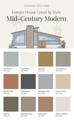 Give your mid-century modern home the look it deserves with exterior paint colors from Sherwin-Williams. Tap this pin to explore the Suburban Modern Palette featuring rich ambers, avocado greens, inky blues, and more. #sherwinwilliams #paint #painting #exteriorpaint #housecolor #color #inspiration #midcentury #mcmhome Exterior House Colors Green Mid Century Modern, Mid Century Modern Behr Paint Colors, Mid Century House Colors, Midcentury Modern Interior Paint Colors, Mid Century Modern Paint Colors Interior, Mid Century Modern Brick House Exterior, Mid Century Modern Front Door Colors, Rental Property Paint Colors, Mid Century Modern Exterior Colors