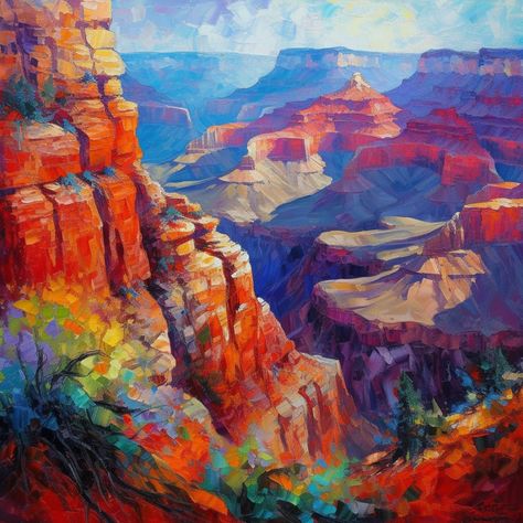 PRINTABLE ART | Digital Artwork of the Grand Canyon Impressionism painting Instantly download, print and frame a piece of artwork. *If you would like a higher resolution download please contact me. Grand Canyon Watercolor Paintings, Grand Canyon Painting Easy, Impressionism Art Landscape, Grand Canyon Painting, Grand Canyon Art, Arizona Painting, Canyon Painting, Grand Canyon Photography, Cactus Paintings