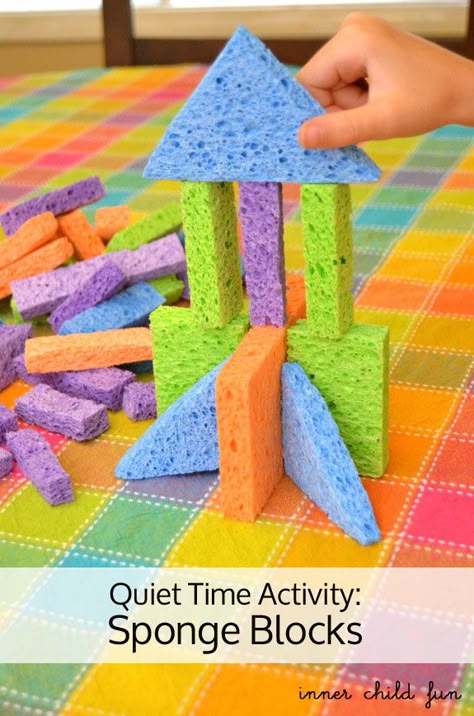 Sponge Blocks - great gift for toddlers, and easy enough for older kids to handle the scissors Quiet Time Activities, Busy Boxes, Quiet Activities, Toddler Snacks, Busy Bags, Time Activities, Busy Toddler, Toddler Fun, Fine Motor Activities