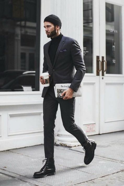 How to wear a beanie hat for men. Black cuffed beanie hat, turtleneck sweater, checked suit, black leather boots 1. Click image to view more. #men #outfits #UrbanMenOutfits #mensfashion #mensguides #menswear #menstreetstyle #stylish #trendy #streetstyle #fall #fallfashion #falloutfits #fashion #ootd #winter #winterfashion #beanie #hat Black Outfit Men, Lil Bro, Black Inspiration, Checked Suit, Wearing All Black, Mens Fashion Blog, Mens Fashion Photography, Black Outfits, Mode Casual