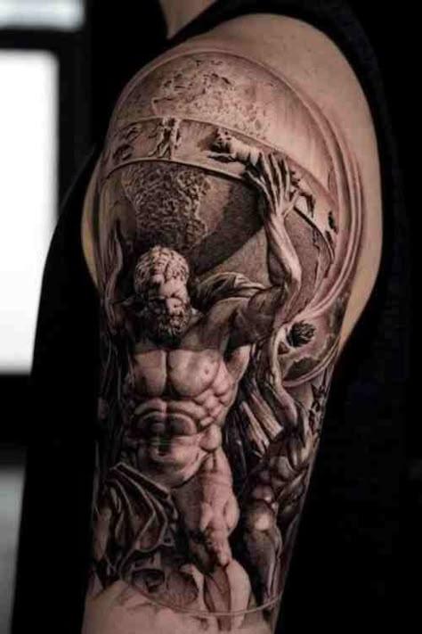 Greek Mythology Tattoo Ideas For Tattoo Lovers (With Examples!) - Tattoo Stylist Greek God Shoulder Tattoo, Atlas Leg Tattoo, Colossus Of Rhodes Tattoo, Greek Half Sleeve Tattoo, Ancient Greece Tattoo Ideas, Tattoo Ideas Greek Mythology, Tattoo Ideas Greek, Mythology Tattoo Ideas, Greek Mythology Tattoo Ideas