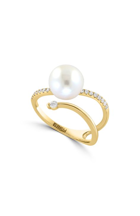 EFFY 14K Yellow Gold Diamond & Freshwater Pearl Open Ring - 0.22 ctw | Nordstromrack Pearl Diamond Ring, Ring Inspo, Pearl Cuff, Pearl And Diamond Ring, Band Design, Dope Jewelry, Mode Casual, Custom Ring, Cuff Rings