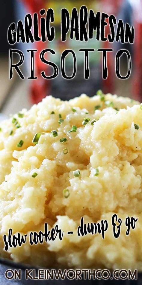 Garlic Parmesan Risotto, Crockpot Risotto, Risotto Recipes Chicken, Easy Risotto, Risotto Recipes Easy, Parmesan Risotto, Chicken Risotto, Side Dish Recipes Easy, Slow Cooker Dinner