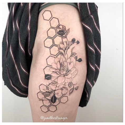 Honeycomb Band Tattoo, Hexagon Flower Tattoo, Honey Comb Floral Tattoo, Hexagon Tattoo Sleeve, Bee Honeycomb Tattoo, Honeycomb Tattoo Sleeve, Comb Tattoo, Tattoo On Hip Bone, Floral Hip Tattoo