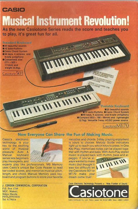 Casiotone. From Reader's Digest December and April 1982 issue. Vintage Synth, 80s Synth, Retro Gadgets, Synth Pop, Vintage Keys, Drum Machine, Musical Instrument, Print Ads, Graphic Design Typography