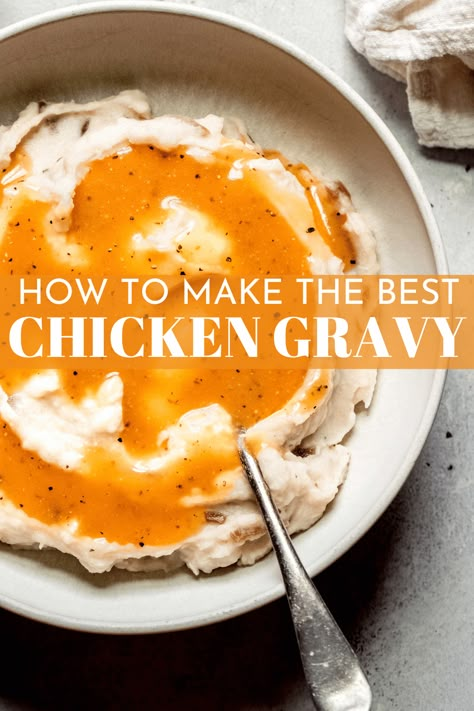 This Chicken Gravy recipe is easy to make using either roasted chicken drippings or broth as the base. Loaded with rich & savory flavors. // recipe easy // from broth // from drippings How To Make Chicken Gravy From Drippings, Gravy From Drippings Chicken, Chicken Dripping Gravy, Chicken Drippings What To Do With, Gravy For Roast Chicken, Chicken Gravy Recipe With Drippings, Roast Chicken Gravy Recipes, Rotisserie Chicken Gravy, Roasted Chicken With Gravy