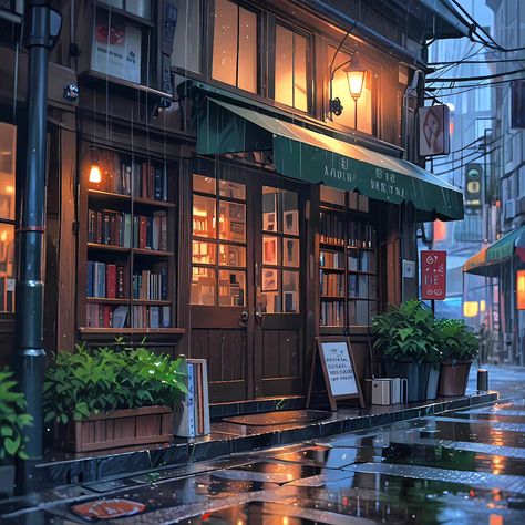 Cozy Anime Aesthetic, Old Bookstore, Rain Window, Rainy Day Aesthetic, Anime Clothing, Anime Merch, Aesthetic Vibes, Japanese Aesthetic, Kawaii Design