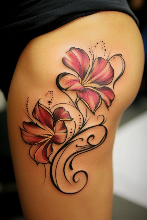 Two red and yellow flowers with black swirls tattooed on a person's thigh. Fierce Women Tattoos, Big Tattoo Ideas Female Meaningful, Fierce Female Tattoos, Tattoo Ideas Female Strong Women, Powerful Female Tattoos, Behind The Leg Tattoos For Women, Simple Tree Tattoo, Husband Tattoo, Chic Tattoo