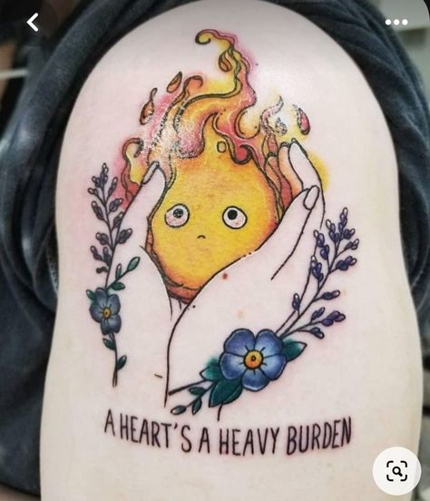 Tattoo Ideas Colored Female, Howl’s Moving Castle Tattoo Ideas, Alice I Wonderland Tattoo, Howl Pendragon Tattoo Ideas, Ff8 Tattoo, Howells Moving Castle Tattoo, Studio Ghibli Tattoo Color, Calcifer Howl Tattoo, Howls Tattoo Studio Ghibli