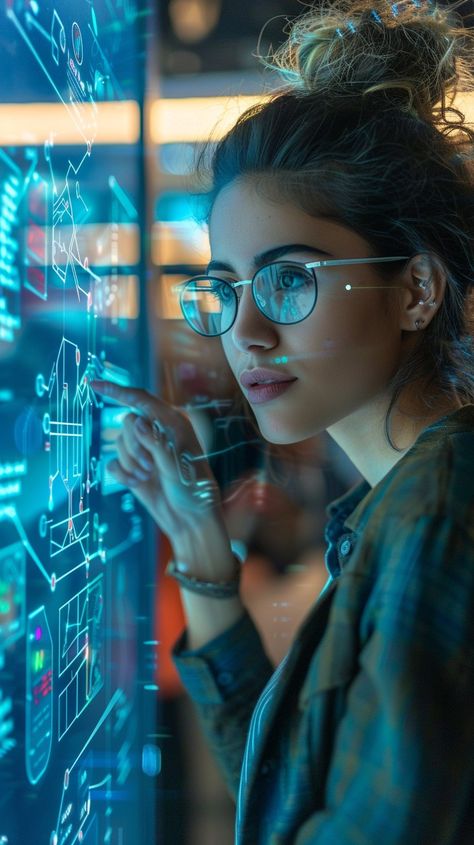 "Tech-savvy Visionary: A young, thoughtful woman engaging with #futuristicTechnology on a #highTech digital interactive display. #advancedTech #futuristicAI #digitalInnovation #aiImage #aiGenerated #stockcake ⬇️ Download and 📝 Prompt 👉 https://stockcake.com/i/tech-savvy-visionary_598189_920969" Woman In Tech Aesthetic, Advanced Technology Aesthetic, Information Technology Photoshoot, Technology Photoshoot, Women In Information Technology, It Technology, Tech Savy, Women In Tech, Tech Women