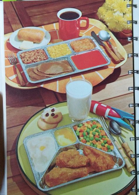 Vintage Food Pictures, Tv Dinner Aesthetic, Breakfast Sketch, 50s Ads, 60s Food, Items Reference, Prison Food, Talking Birds, 70s Food