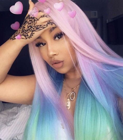 🌸⚡️follow me: @𝓬𝔂𝓫𝓮𝓻𝓰𝓱𝓮𝓽𝓽𝓽𝓸⚡️🌸 Fantasy Make-up, Unicorn Hair Color, Hair Colorful, Ombre Wig, Teal Ombre, Bangs Wig, Wig Styling, Pretty Hair Color, Beautiful Wigs