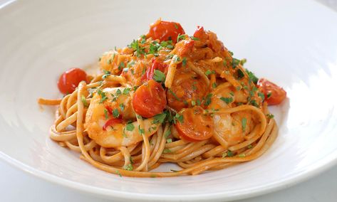 South Australians are spoilt for choice when it comes to seafood, and this recipe from Daniel Fleming, executive chef at the Hilton Adelaide and Coal Cellar + Grill, is a perfect way to showcase local prawns. Prawn Linguini Recipe, Chilli Prawns, Italian Pasta, Executive Chef, White Pepper, Chopped Tomatoes, Red Chilli, Cherry Tomatoes, Pasta Dishes