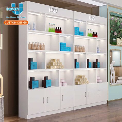 Cosmetic Cabinet Design, Cosmetics Shelves Design, Display Shelf Design Shop, Pharmacy Rack Design, Shelf Shop Design, Cosmetic Shelf Design, Shelf Design For Shop, Display Rack Design Retail Stores, Cosmetic Shop Interior Design Shelves