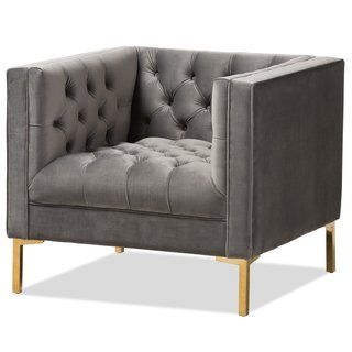 Glam Velvet and Gold Finished Lounge Chair (Grey), Gray, Baxton Studio Upholstered Chairs Fabric, Luxe Lounge, Tufted Arm Chair, Velvet Accent Chair, Baxton Studio, Velvet Armchair, Chair Style, Grey Velvet, Grey Chair