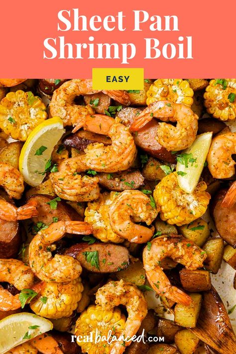 This Sheet Pan Shrimp Boil is a flavor-packed, filling dinner. Combining baby red potatoes, corn, andouille sausage, shrimp, and lemon slices, all seasoned with Old Bay, it’s easy to prepare and ready in under an hour. Perfect for busy weeknights, and the leftovers are just as good the next day. Baked Shrimp Boil, Sheet Pan Shrimp Boil, Salmon And Shrimp, Boiled Food, Sheet Pan Suppers, Sausage Bake, Shrimp Boil, Recipe Sheets, Shrimp Recipes For Dinner