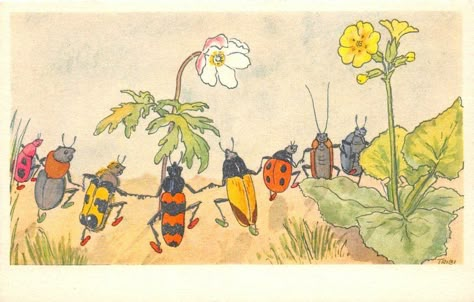 Bugs Dancing, Dancing Drawing, Bug Art, Arte Inspo, Beetles, Vintage Postcard, Art Inspo, Bugs, Cute Art